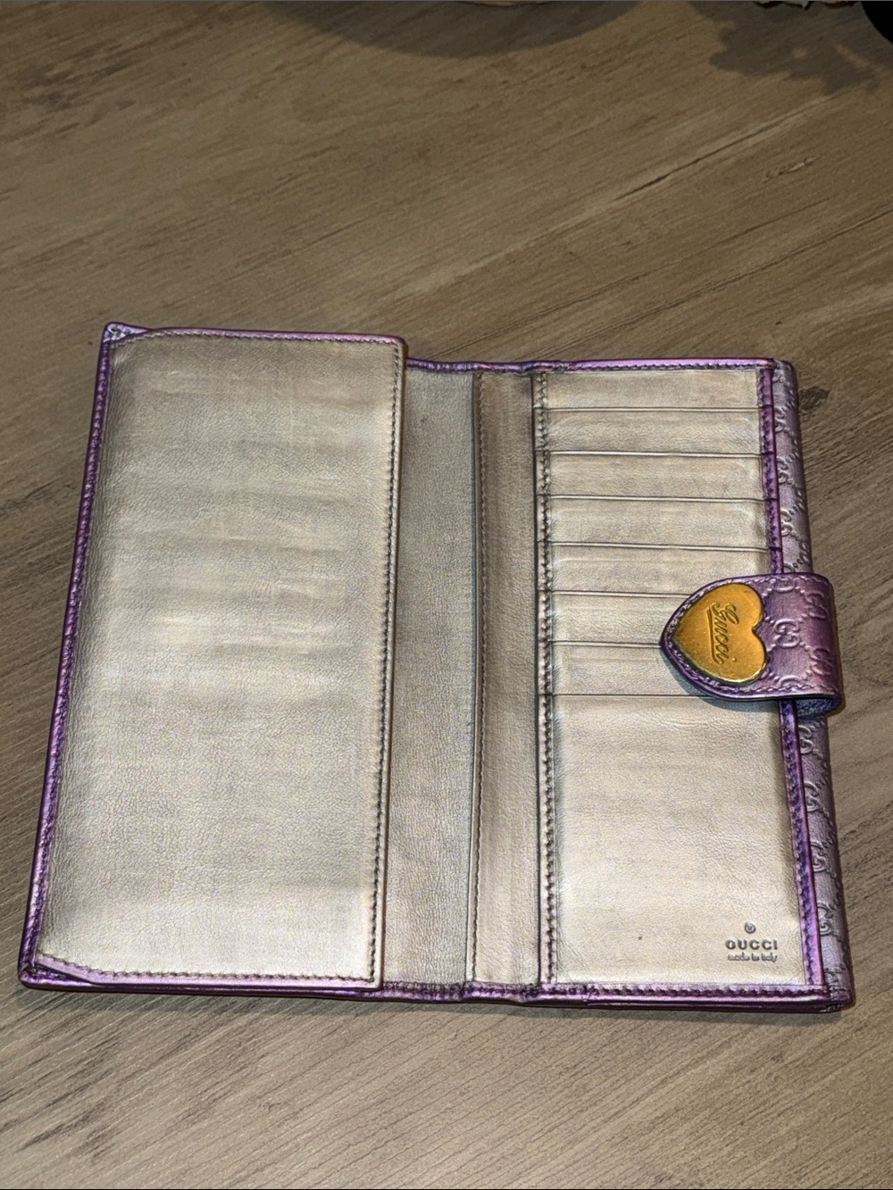 Gucci Metallic, Lavender and Silver GG Monogram Wallet with Gold Heart Tab - Picture 5 of 11